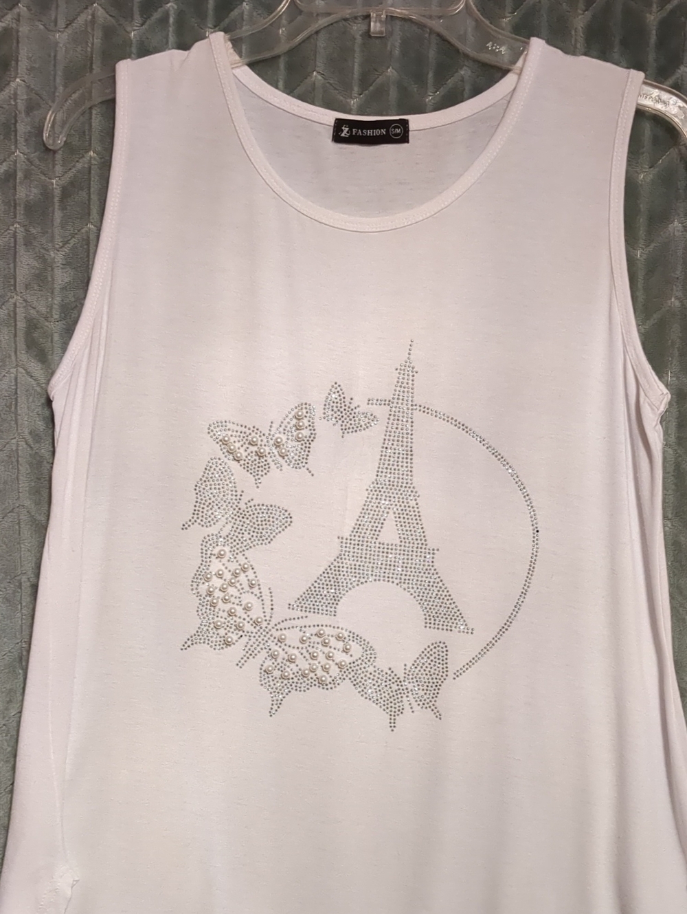 White Sleeveless Tank with Eiffel Tower & Butterfly Rhinestones